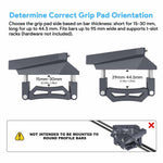 Charger l'image dans la galerie, Grip pad orientation guide for the Starlink Standard Roof Rack Mount, showing correct pad positions for 15–30 mm and 29–44.5 mm bar thickness, with warning that it is not suitable for round profile bars.