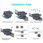 Charger l'image dans la galerie, Step-by-step installation guide for the Starlink Standard Roof Rack Mount, showing screw installation, mounting onto the roof rack, securing with bolts, routing the cable, plugging in the cable, and final mount securing.