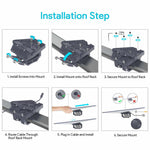 Charger l'image dans la galerie, Step-by-step installation guide for the Starlink Standard Roof Rack Mount, showing screw installation, mounting onto the roof rack, securing with bolts, routing the cable, plugging in the cable, and final mount securing.