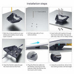 Charger l'image dans la galerie, Step-by-step installation guide for Starlink Standard Mobility Mount, including marking and drilling 9mm holes, inserting bolts with washers, feeding the Starlink cable, connecting the Ethernet cable, and securing with locking screws for a stable setup