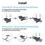 Charger l'image dans la galerie, Starlink Mini Roof Rack Mount installation steps for 12mm-32mm and 28mm-48mm thick roof racks, demonstrating proper assembly and mounting procedure.