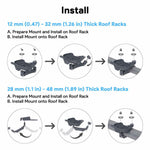 Charger l'image dans la galerie, Starlink Mini Roof Rack Mount installation steps for 12mm-32mm and 28mm-48mm thick roof racks, demonstrating proper assembly and mounting procedure.