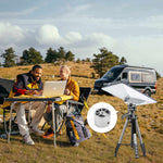 Charger l'image dans la galerie, Couple working remotely outdoors with laptop using Starlink Mini Tripod Mount Adapter for stable satellite internet connection while camping in the mountains.