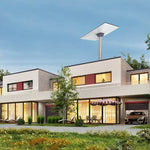 Load image into Gallery viewer, Modern house roof installation with Starlink Standard Pipe Adapter – A two-story modern home featuring a Starlink dish securely mounted using the Starlink Standard Pipe Adapter for reliable high-speed satellite internet
